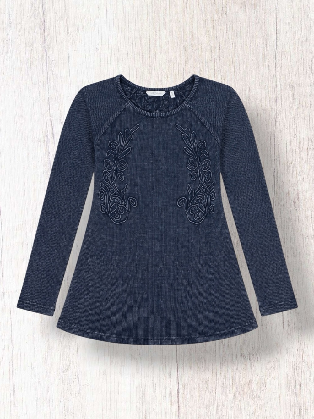 Soft Surroundings Top Black Waffle Knit Embroidered Swing Tunic 100% Cotton M